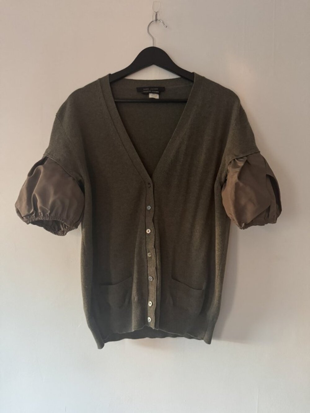 Marc Jacobs Collection Silk Puff Sleeve Cardigan Olive Brown Knit Sz M Italy